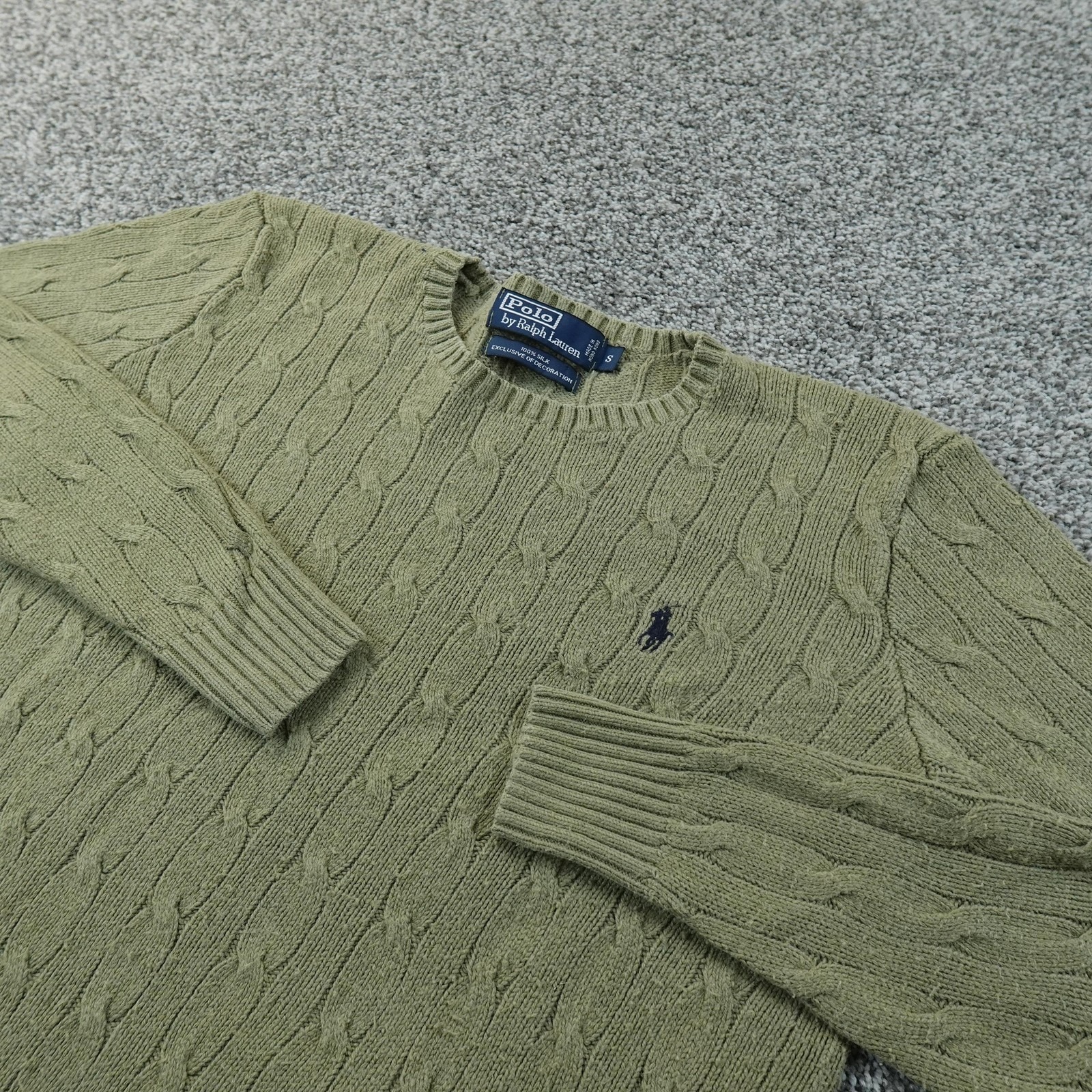 Vtg Polo Ralph Lauren Sweater Mens S Green Silk Cable Knit Crewneck Pullover 90s